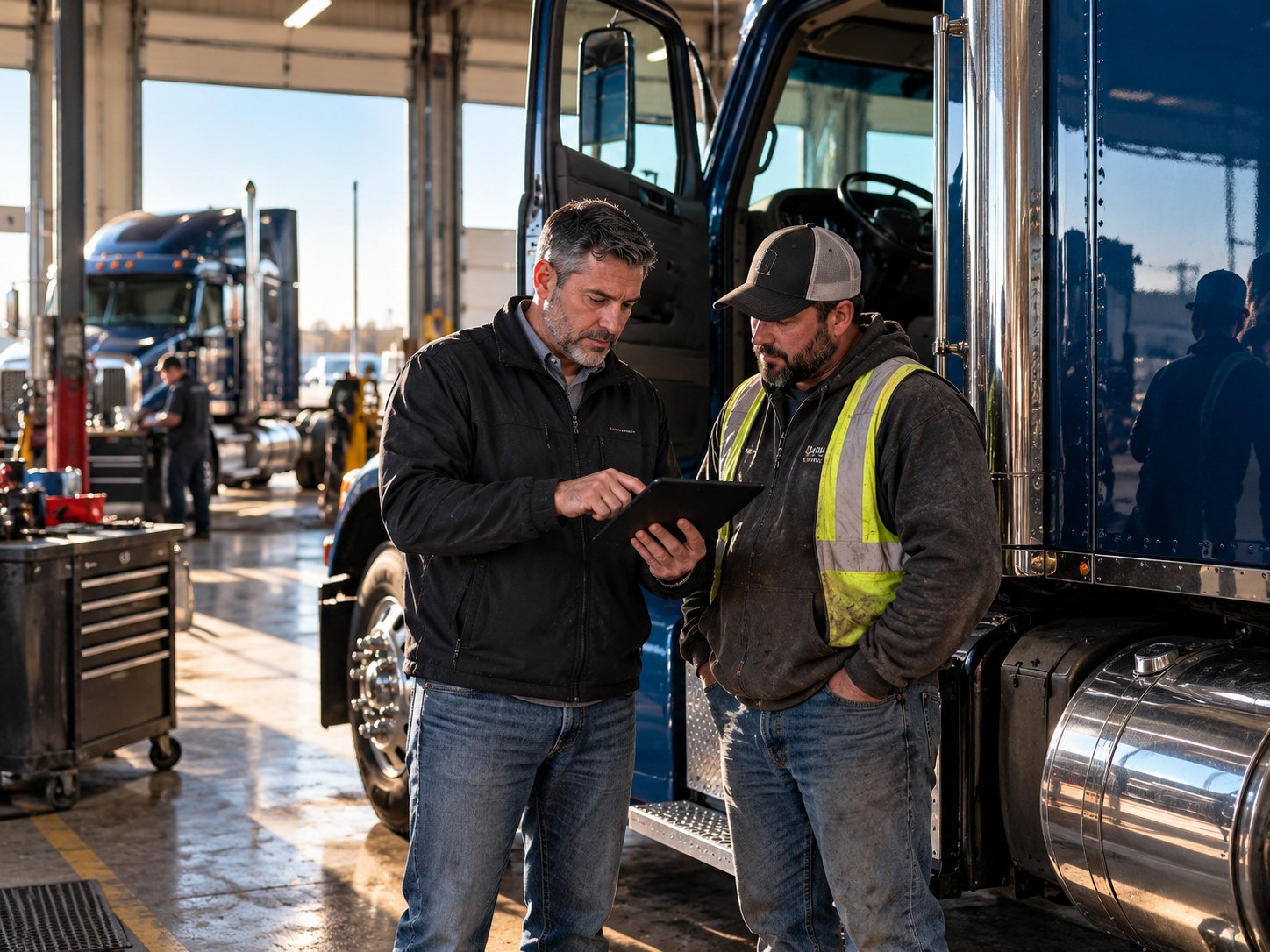 Safety manager and driver at a truck bay reviewing a corrective action plan on a tablet