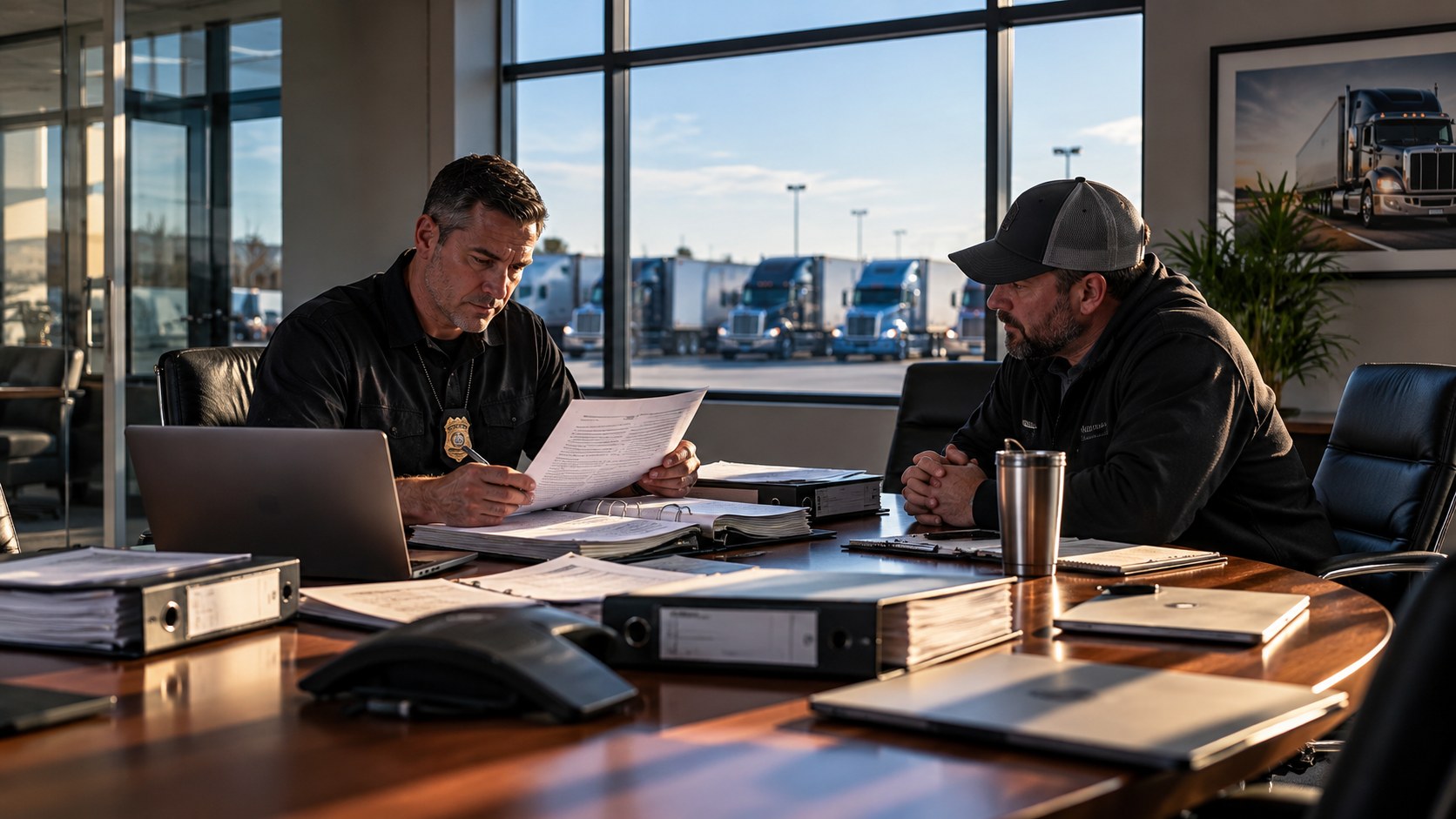 FMCSA compliance review in progress: investigator and carrier safety manager at a conference table with driver files and a laptop