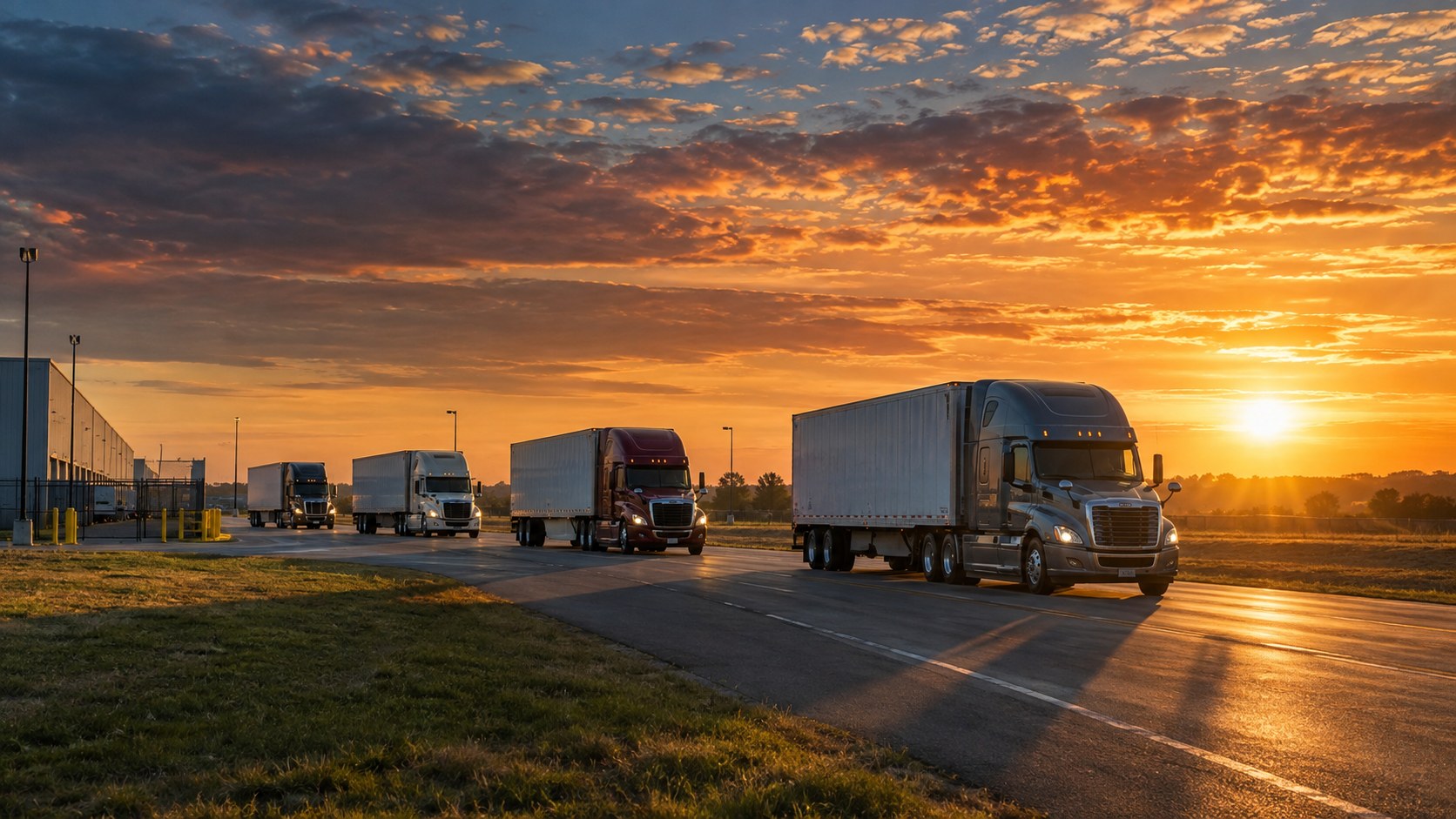 A fleet of trucks rolling out of the yard at sunrise