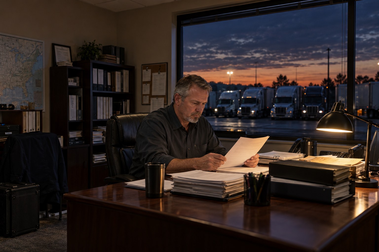 Safety manager at a terminal office desk at dusk with stacks of driver qualification files and an FMCSA notice